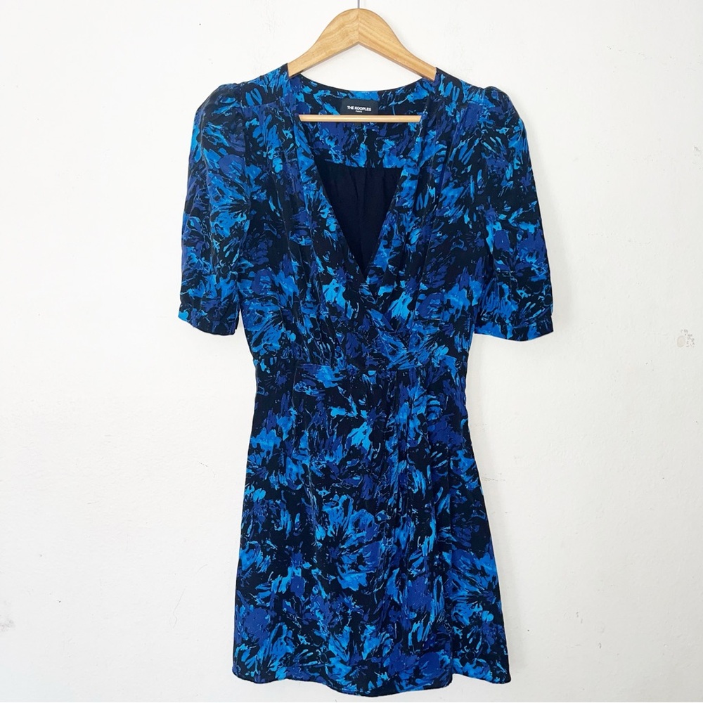 THE KOOPLES Firework Printed 100% Silk Faux Wrap Dress Sz 1 US 4 Mini Blue